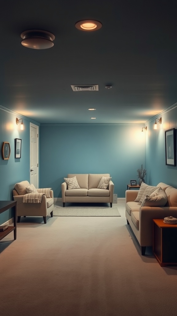 A cozy basement with soft blue walls, beige furniture, and warm lighting.