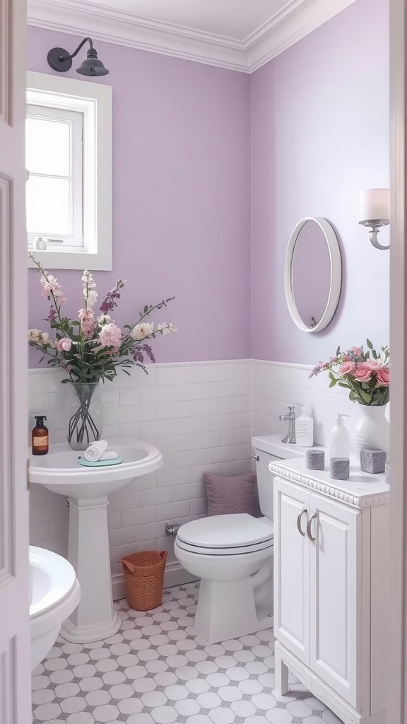 A small, elegantly designed bathroom with soft lavender walls, white fixtures, and floral decorations.