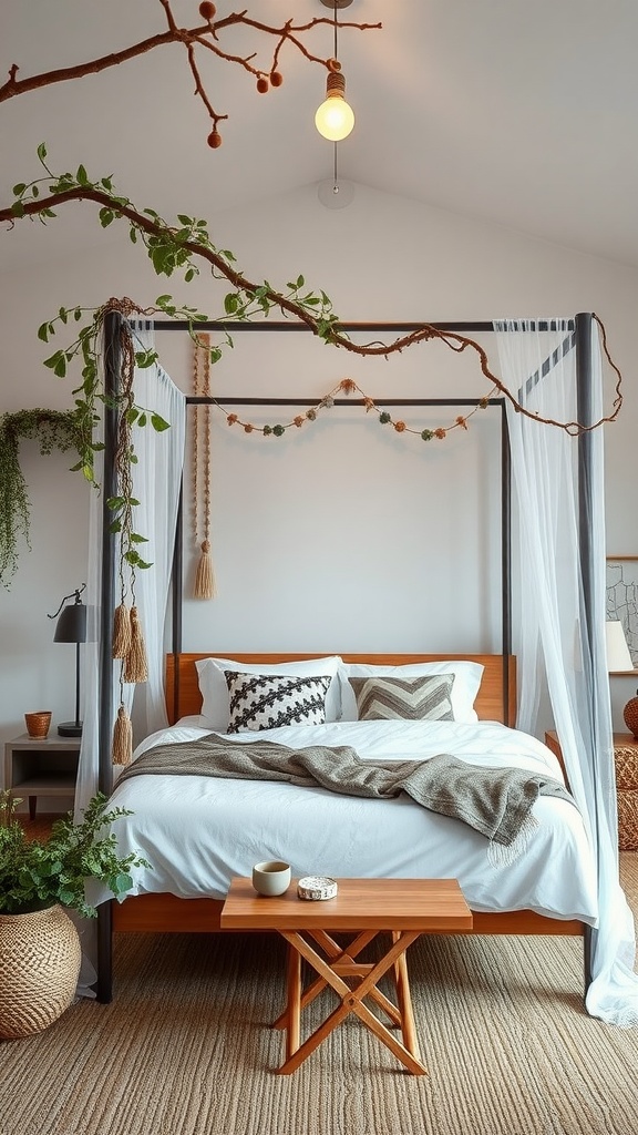 A serene Boho bedroom featuring a canopy bed adorned with branches and soft fabrics, surrounded by greenery.