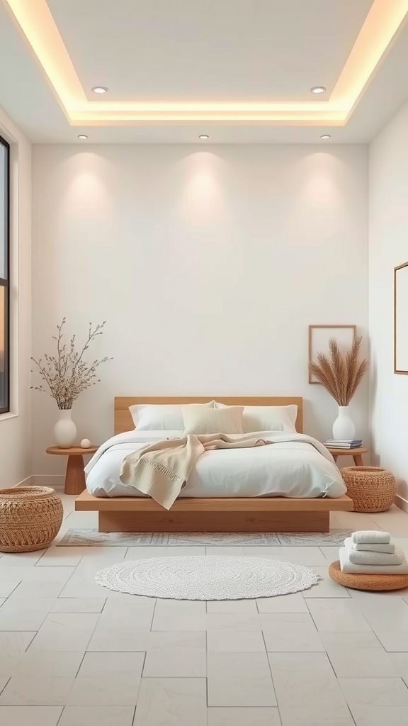 A serene bedroom featuring a wooden bed, white bedding, woven baskets, and soft lighting.