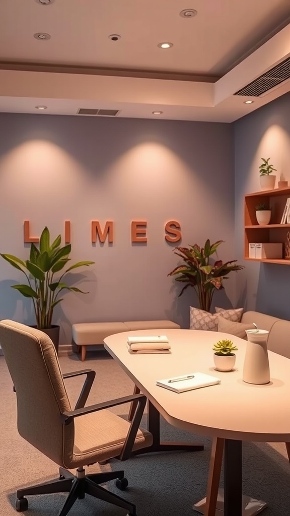 A calming workspace featuring soft blue walls, plants, and minimalist furniture.