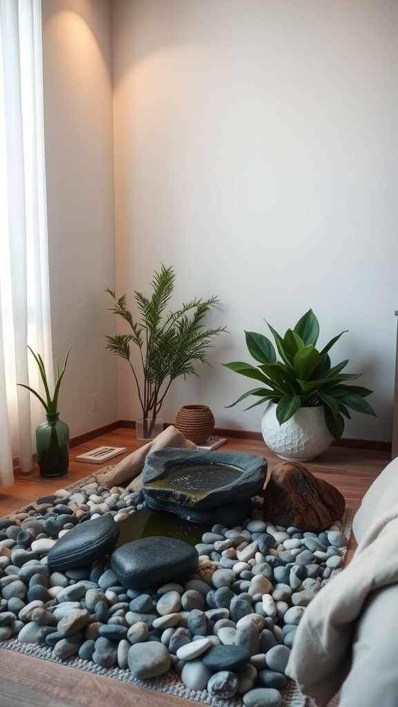 A peaceful zen garden corner in a master bedroom with stones, water feature, and plants.