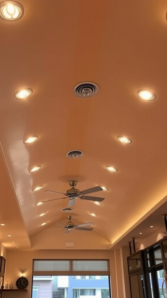 Interior view of a sloped ceiling with multiple recessed lighting fixtures and ceiling fans.