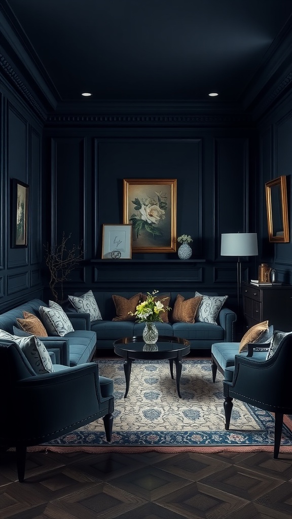 A stylish dark room with deep blue walls and elegant furniture, showcasing how dark colors can work in a space.