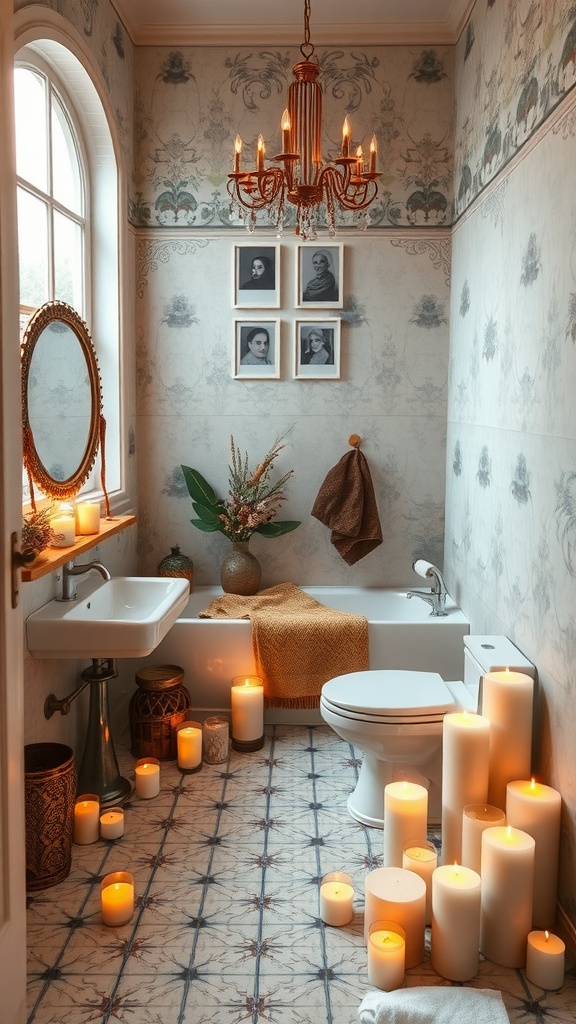 A boho bathroom featuring a variety of candles for a cozy and inviting atmosphere.