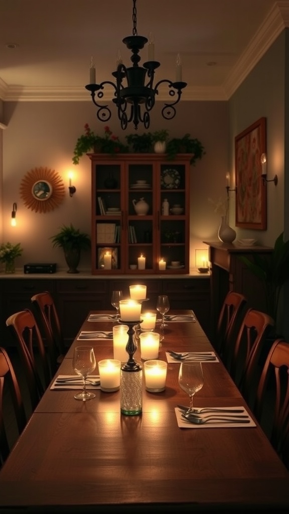 A romantic dining room with a long table lit by candlelight and a chandelier overhead.