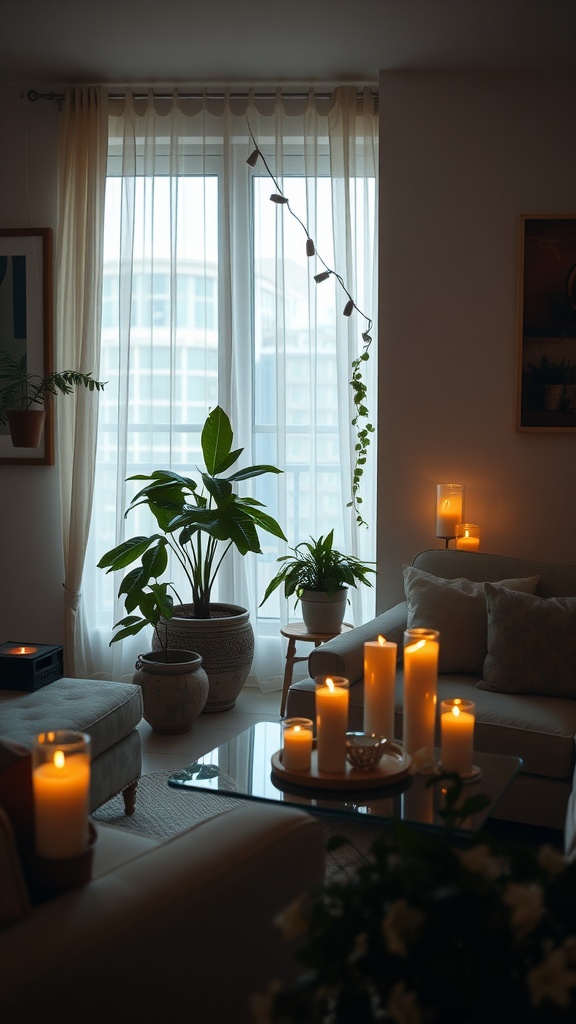 A cozy living room featuring candles, plants, and soft lighting, blending Mediterranean and Gothic styles.