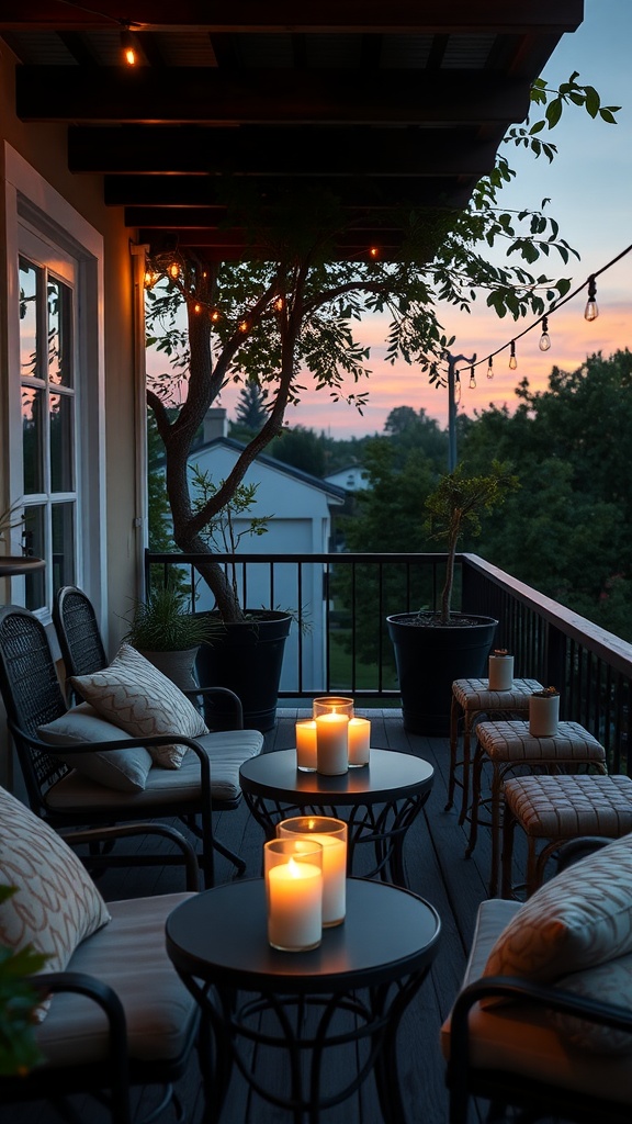 Cozy balcony with candles and seating, illuminated by warm light during sunset