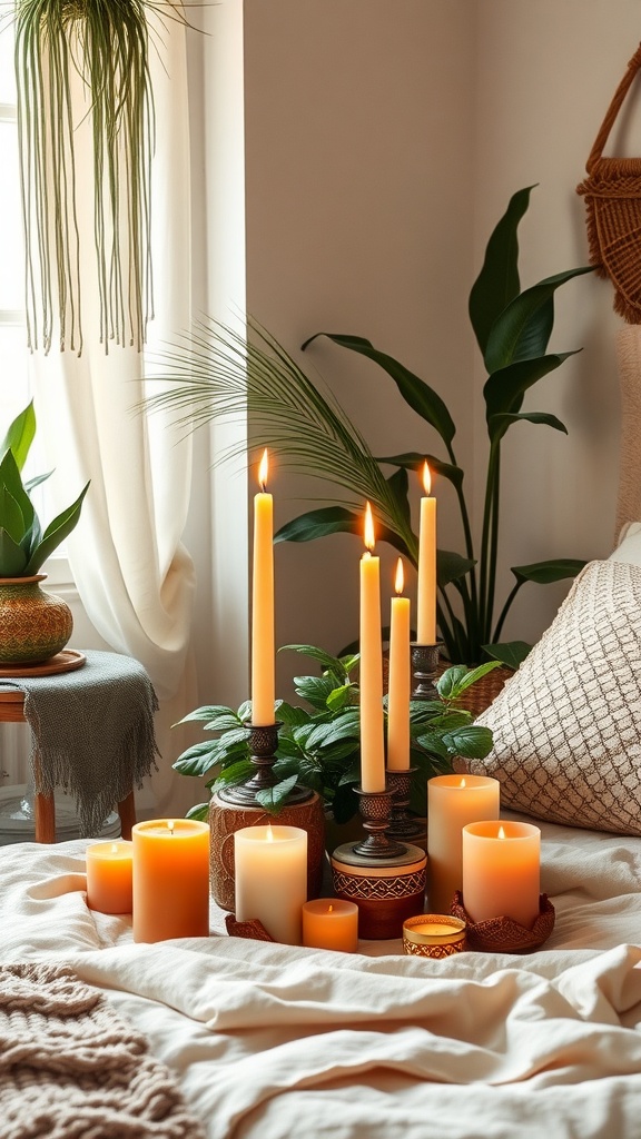 A cozy arrangement of candles on a bed with a boho style, featuring earthy tones and greenery.