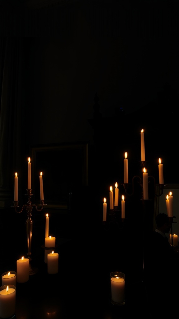 A collection of candles and candelabras creating a warm, inviting atmosphere in a dark setting.