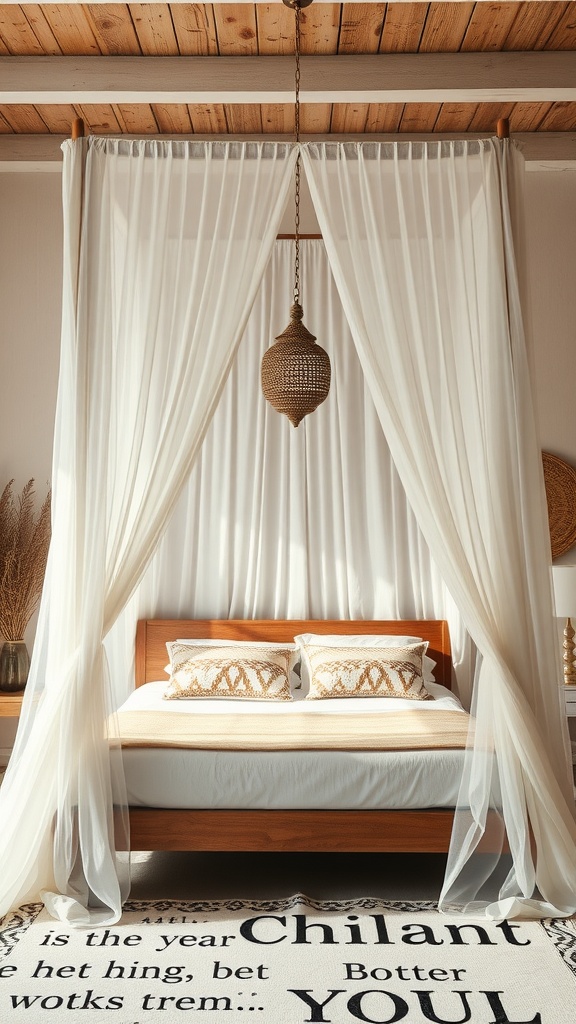 A cozy canopy bed with white drapes and warm wooden accents, featuring soft cushions and a woven light fixture.