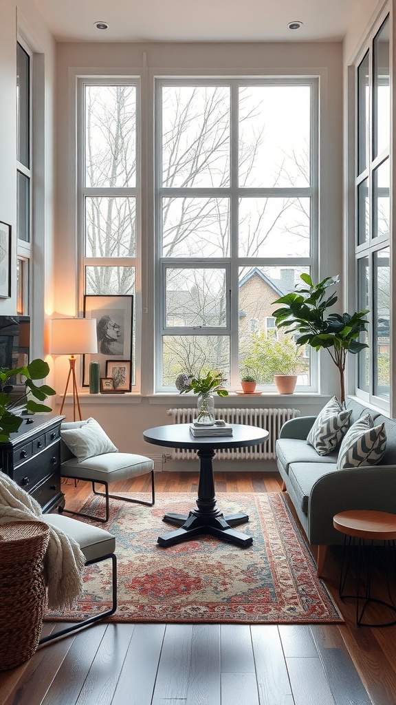 Bright living room with large windows, a round dining table, and cozy seating