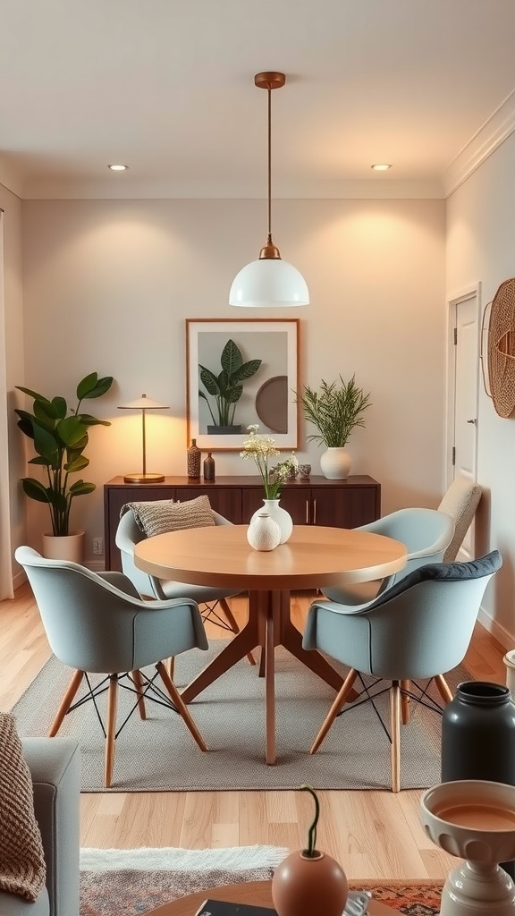 A small dining area in a cozy living room featuring a round table with four chairs, plants, and warm lighting.