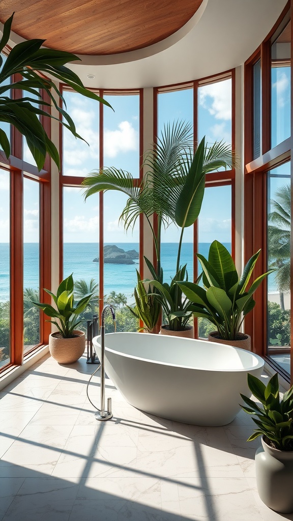 A luxurious bathroom with large windows, ocean views, and green plants.