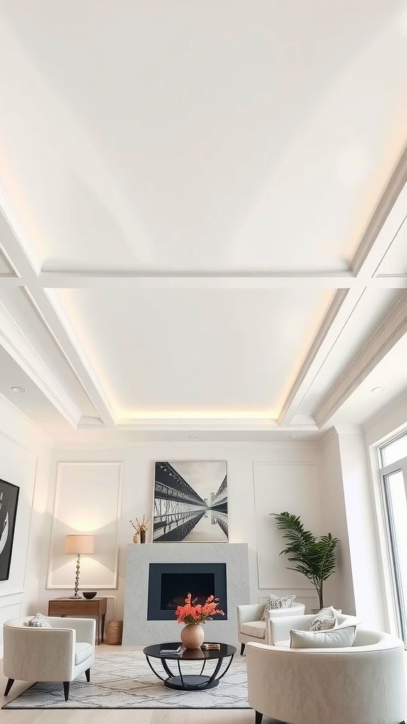 Bright white ceiling above a modern living room with stylish furniture and decor.