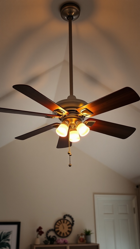 A stylish ceiling fan with lights installed in a vaulted ceiling room