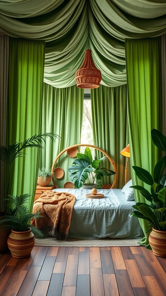 A cozy bedroom with ceiling to floor green curtains, a woven pendant lamp, and lush plants.