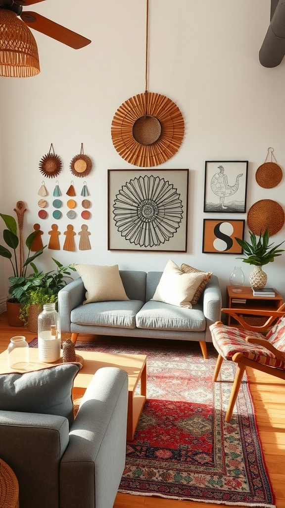A cozy living room featuring handmade wall decor and a comfortable seating area.
