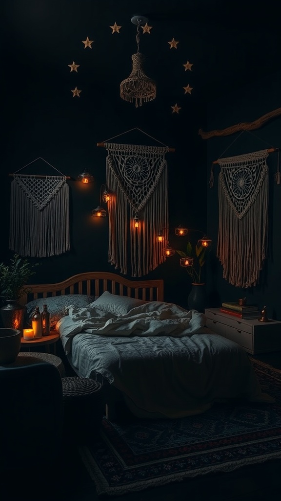 A dark boho bedroom with macramé wall hangings, star decorations, and warm lighting.