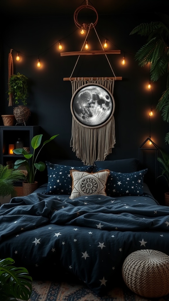 A cozy boho bedroom featuring navy bedding with silver stars, a moon tapestry, and warm string lights.