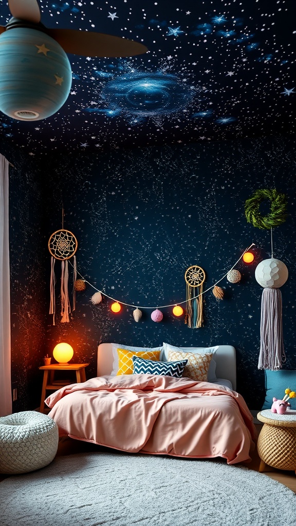 A cozy boho bedroom with a celestial theme, featuring a starry ceiling, pink bedding, and colorful decor.