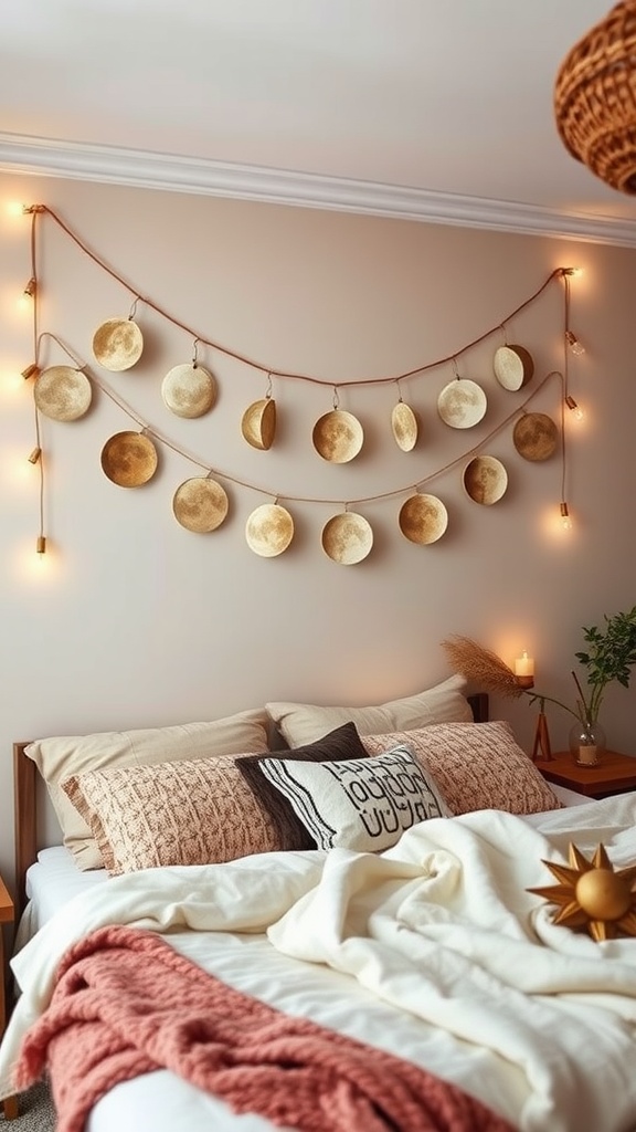 A cozy bedroom with a celestial moon phase garland hanging on the wall, warm string lights, and soft bedding.