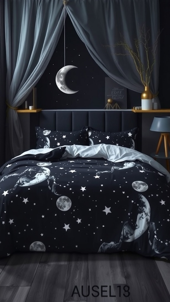 A dark bedding set with celestial motifs featuring moons and stars, creating a dreamy bedroom atmosphere.