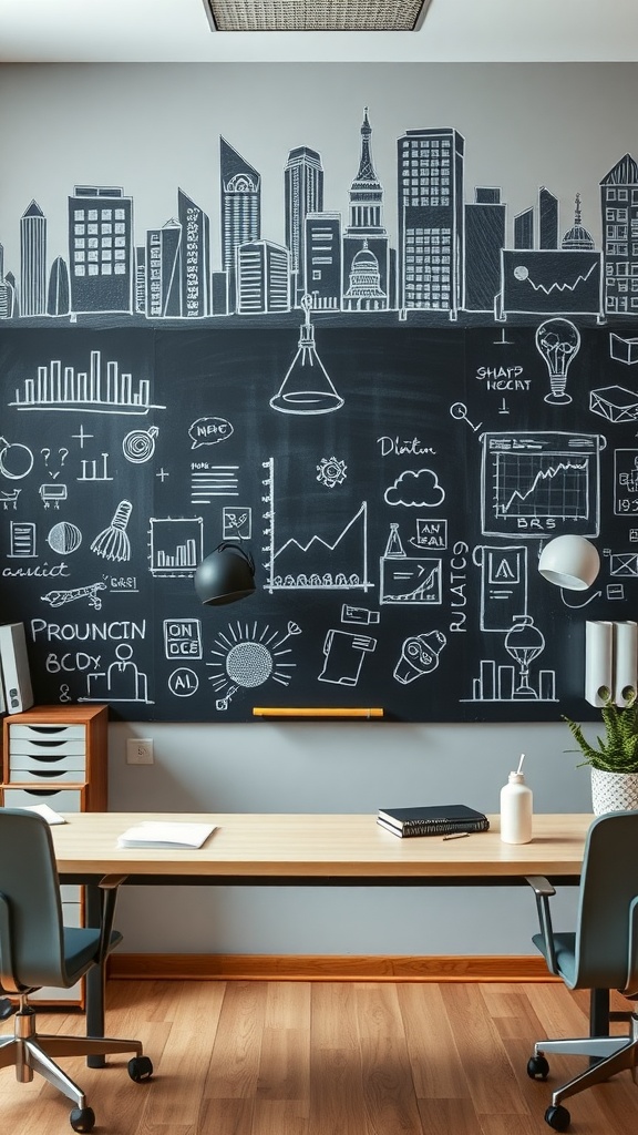 A small office with a chalkboard wall decorated with drawings, diagrams, and a skyline illustration, highlighting an inviting workspace.
