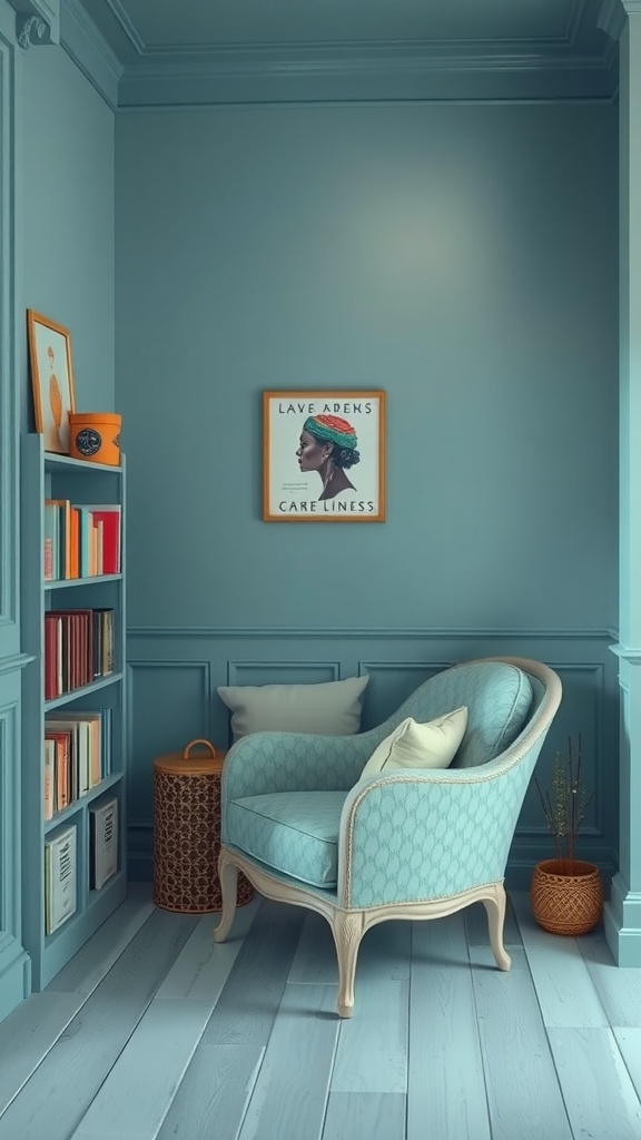 A small cozy room painted in chalky blue with a comfortable chair and bookshelves.