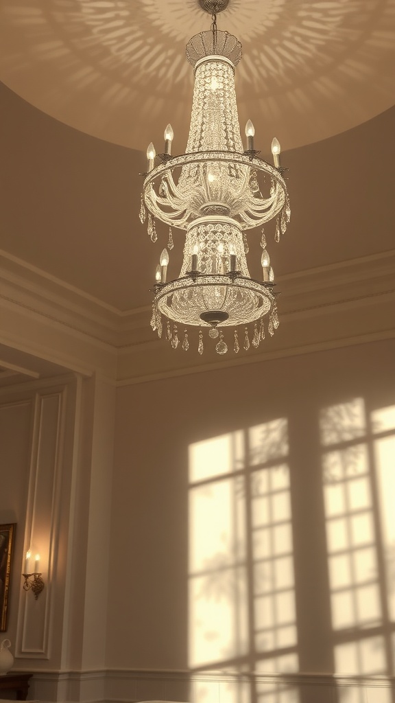 A stunning chandelier hanging from a vaulted ceiling, casting beautiful light patterns on the walls.