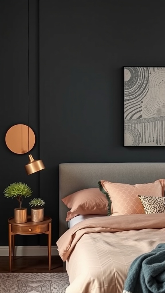 A dark and moody bedroom featuring charcoal walls, copper accents, and a cozy bed.