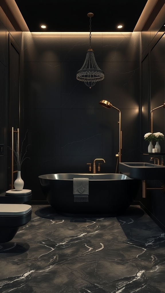 A modern bathroom featuring charcoal black walls, a black freestanding bathtub, and brass fixtures, illuminated by soft lighting.