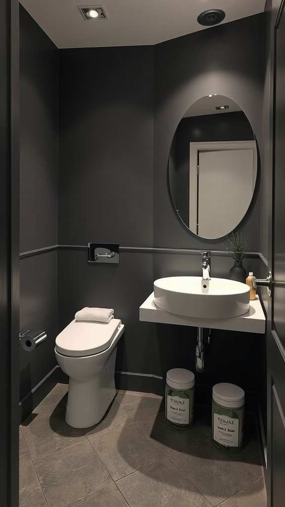 A stylish powder room painted in charcoal gray, featuring a modern sink and round mirror.