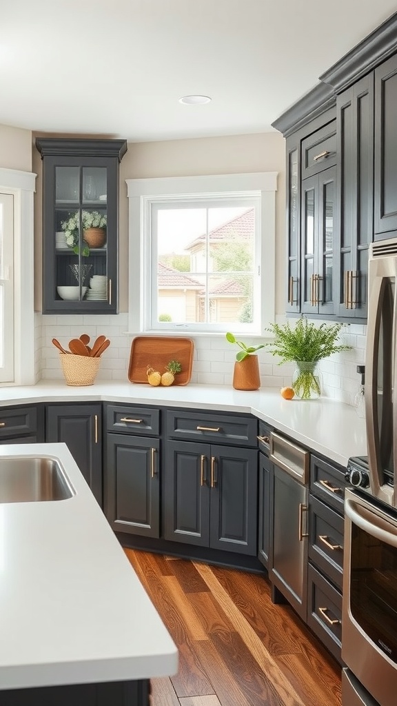 A bright kitchen featuring charcoal gray shaker cabinets, a white countertop, and wooden flooring, with natural light streaming through a window.