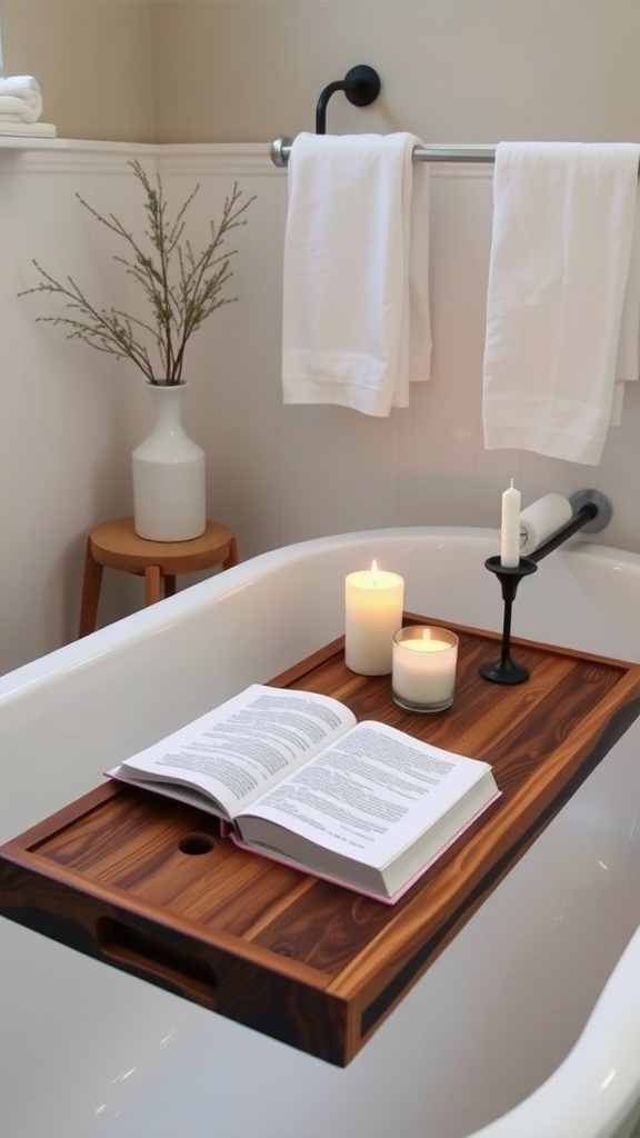 A wooden bath tray with candles and an open book placed over a bathtub.