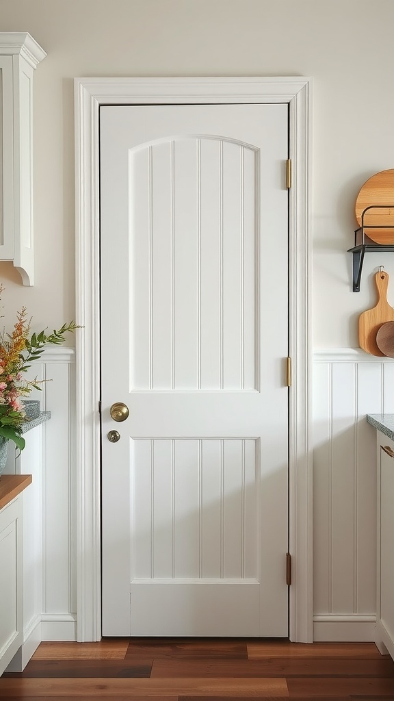 A charming white beadboard pantry door with an arch top, situated in a modern kitchen setting.