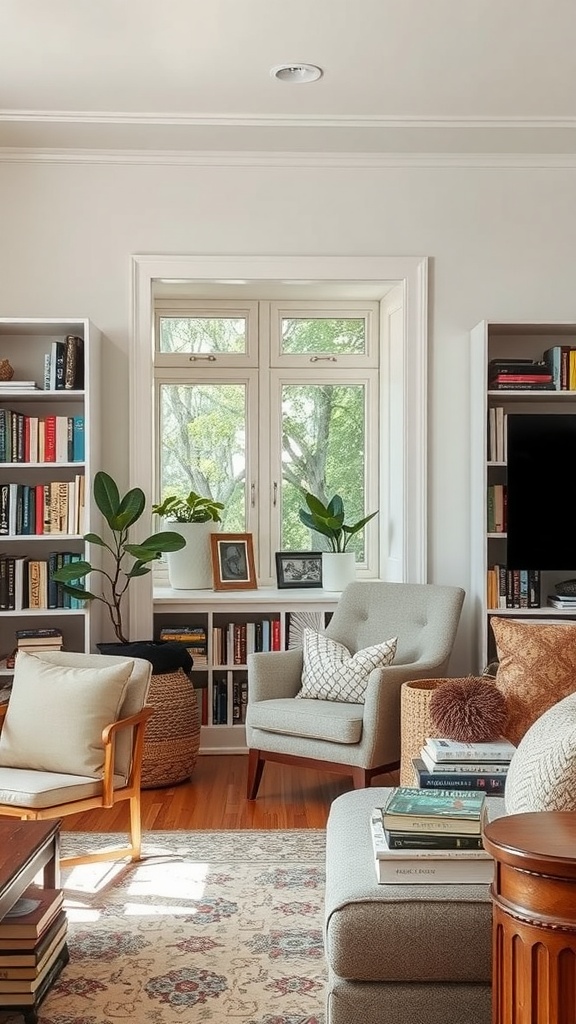 Cozy living room with a book nook featuring bookshelves, a comfortable armchair, and plants.