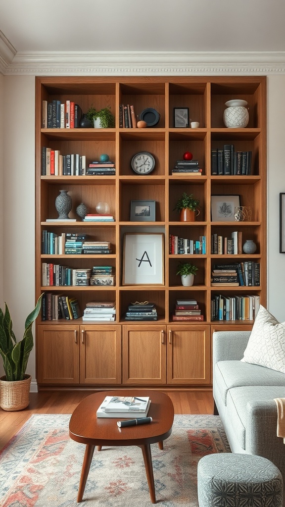 A cozy farmhouse living room featuring built-in wooden shelves filled with books and decorative items.