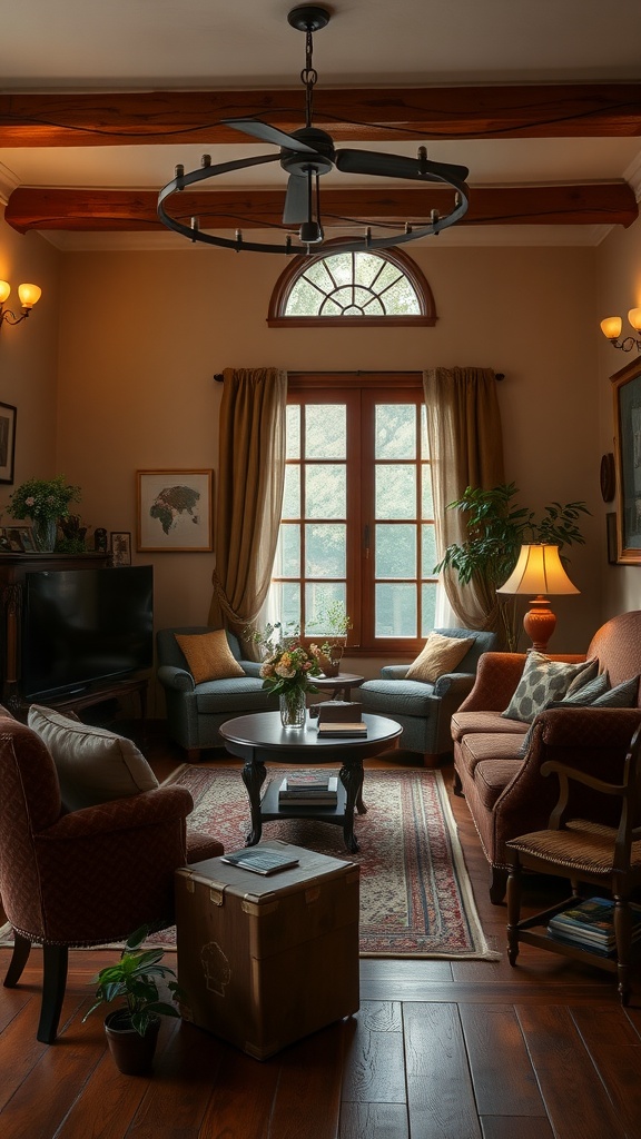 A cozy living room with wood beams, comfortable seating, and a warm atmosphere.