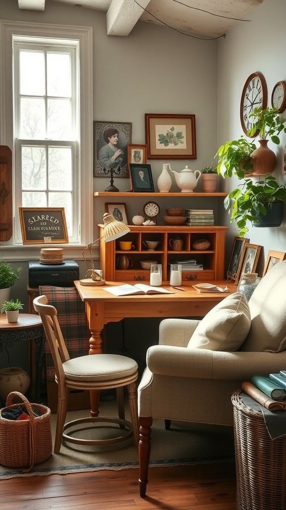 Cozy cottage-style home office with a wooden desk, plants, and decorative elements