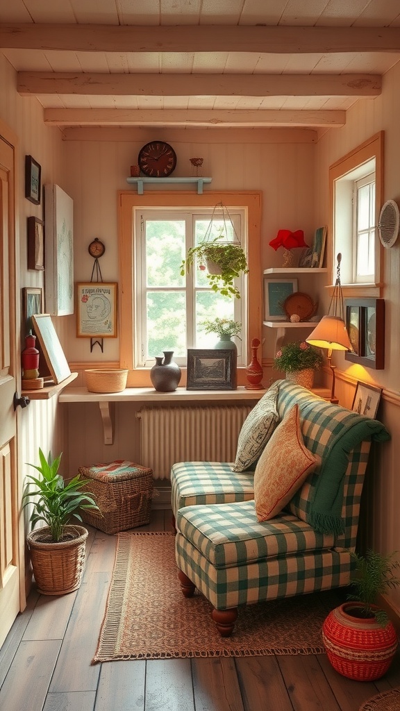 A charming cottage-style kitchen nook with a checkered sofa, plants, and warm wood accents.