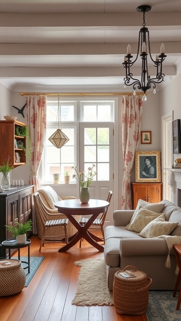 Cozy living room dining room combo with floral curtains, wooden furniture, and soft textiles.
