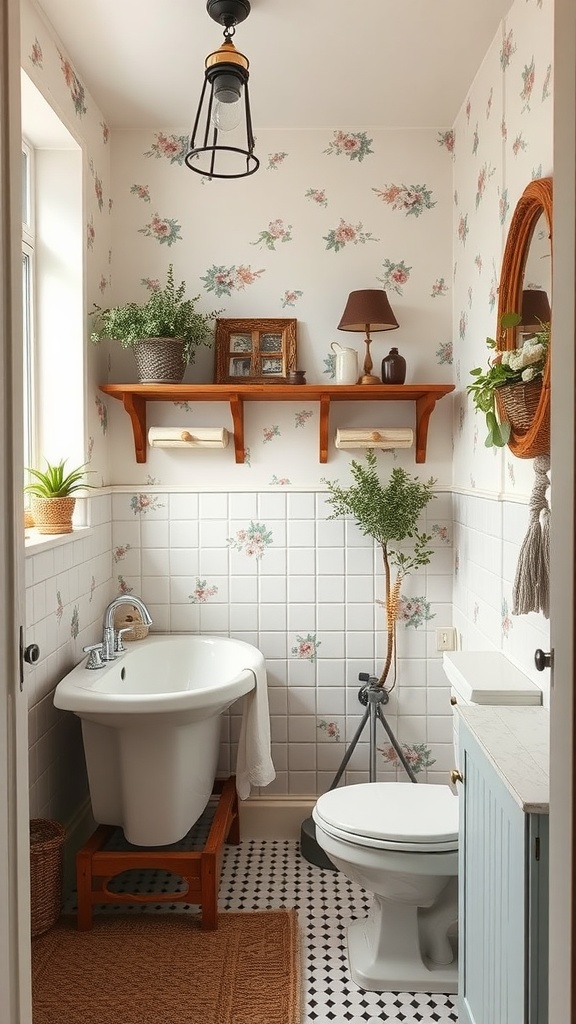 A charming bathroom with floral wallpaper, a vintage bathtub on a wooden base, wooden shelves with decorative items, and natural elements like plants.