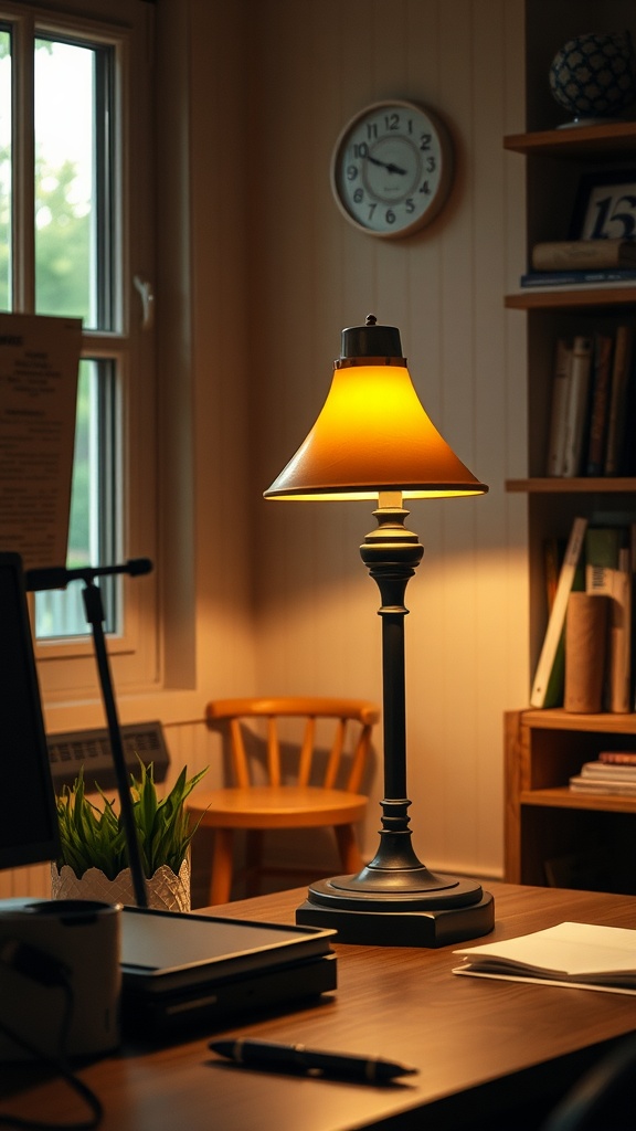 A charming desk lamp with a warm glow, illuminating a wooden desk in a cozy office setting.
