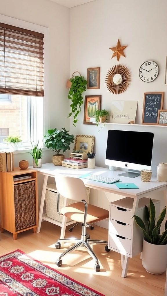 A cozy feminine small home office with plants, artwork, and a modern desk setup.