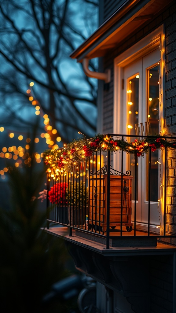 A small balcony adorned with fairy lights, showcasing a warm and inviting atmosphere.