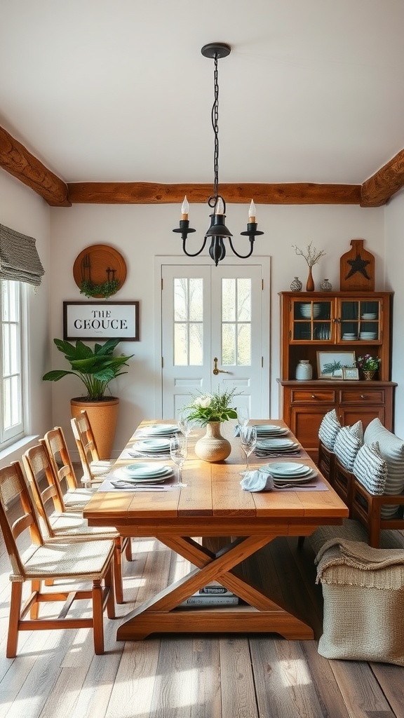 A charming farmhouse dining room featuring a rustic wooden table, comfortable chairs, and warm lighting.