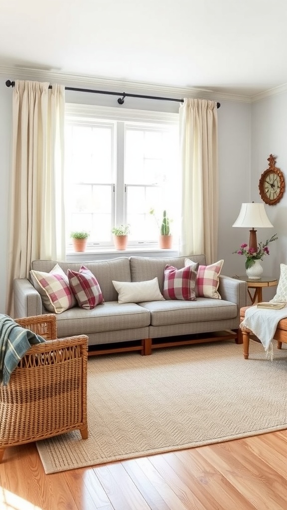 A cozy living room with a gray sofa and plaid pillows, complemented by soft curtains and natural light.