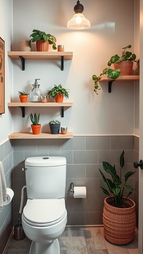 A cozy bathroom with floating wooden shelves decorated with potted plants.