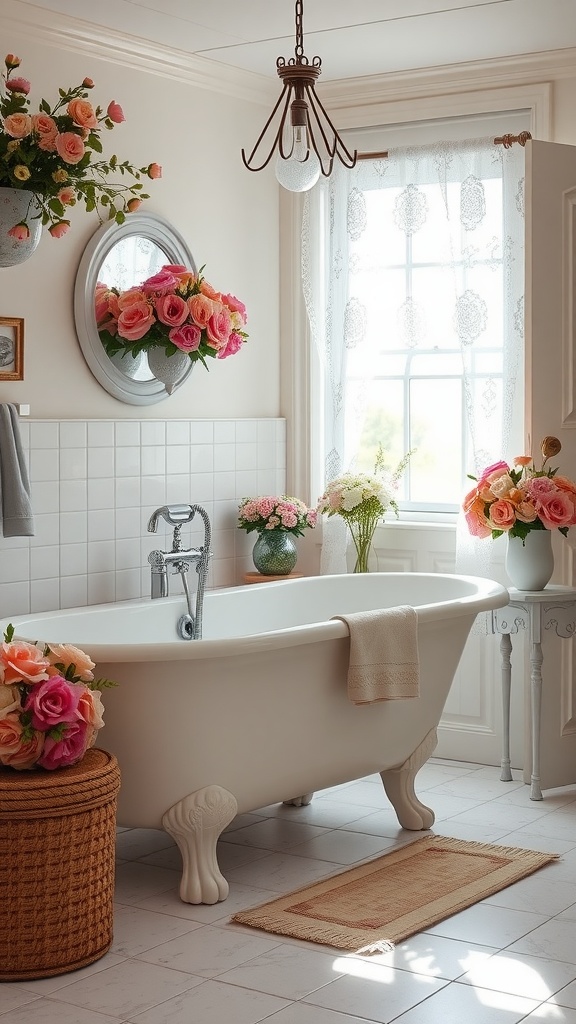 A charming bathroom featuring a freestanding bathtub surrounded by floral arrangements, a vintage mirror, and soft natural light.